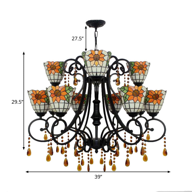 Lodge Bowl Chandelier: Stained Glass Inverted Chandelier with 11 Lights and Crystal in Orange