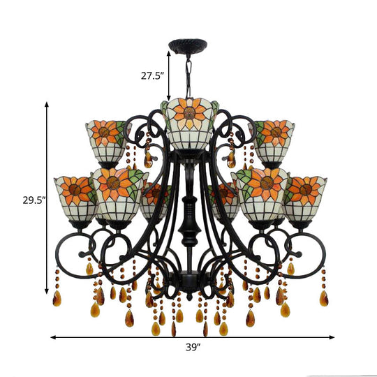 Lodge Bowl Chandelier - Stained Glass Decorative Inverted Light Fixture With Crystal Accents In
