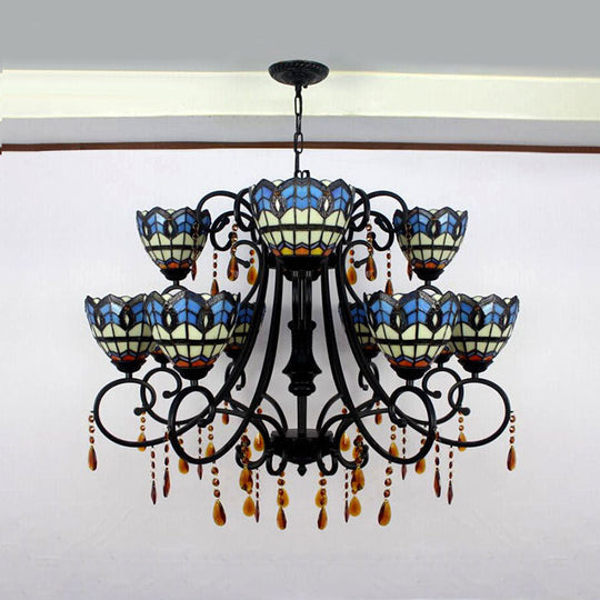 Rustic Stained Glass Chandelier - Bowl-Shaped Hanging Light With 11 Blue Crystal Lights For Dining