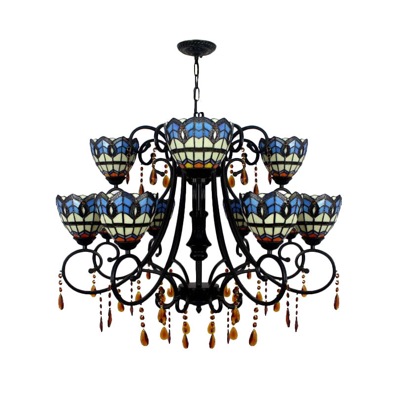 Rustic Stained Glass Chandelier with Crystal Accents – Bowl-Shaped Hanging Light, Blue, 11 Lights – Ideal for Dining Room