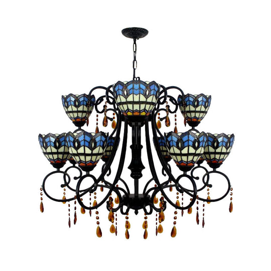 Rustic Stained Glass Chandelier - Bowl-Shaped Hanging Light With 11 Blue Crystal Lights For Dining