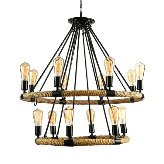Rustic Rope Ring Chandelier - Lodge Style Pendant Light with Adjustable Chain, 6/8 Heads, Black