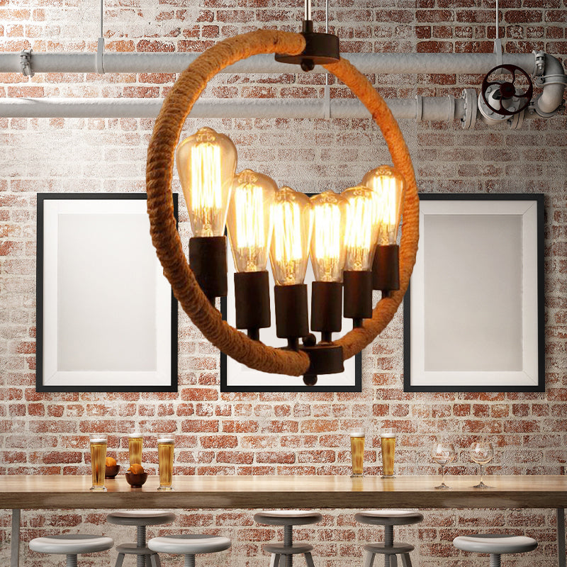 Country Style 6-Light Chandelier With Roped Rings And Exposed Bulbs In Beige - Perfect For