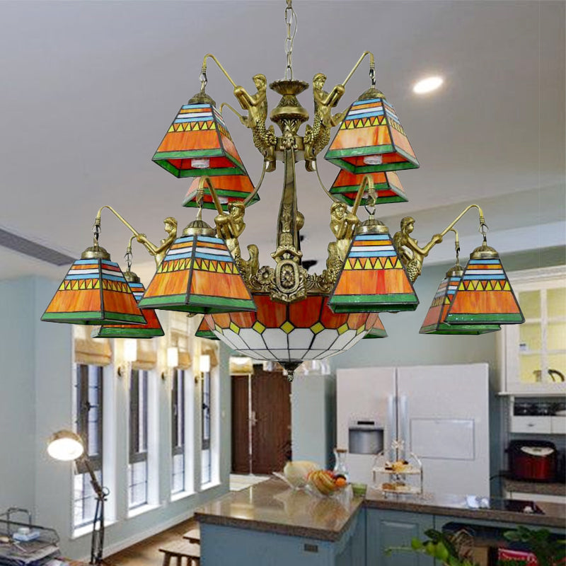 Tiffany-Style Orange/Blue Stained Glass Pyramid Chandelier: 15-Light Ceiling Lamp