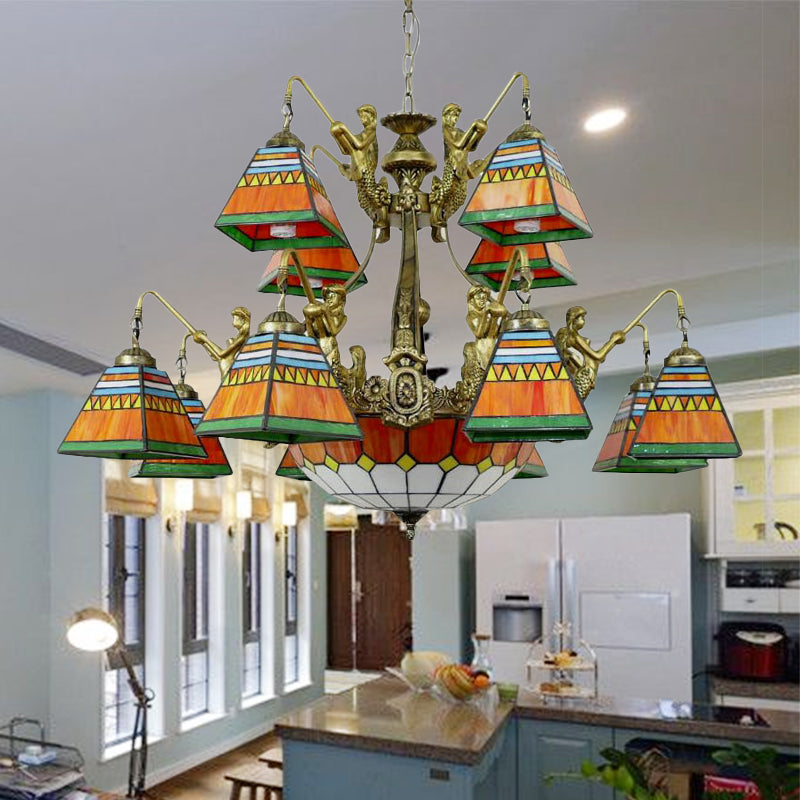 Pyramid Chandelier Tiffany-Style Stained Glass Lamp - 15 Lights Orange/Blue Ceiling Lighting Orange