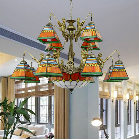 Tiffany-Style Orange/Blue Stained Glass Pyramid Chandelier: 15-Light Ceiling Lamp