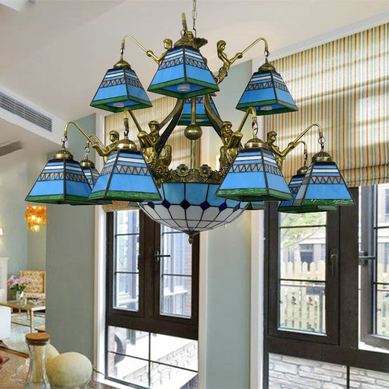 Tiffany-Style Orange/Blue Stained Glass Pyramid Chandelier: 15-Light Ceiling Lamp