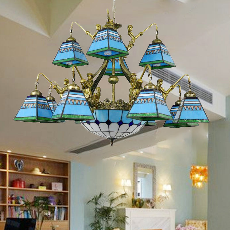 Tiffany-Style Orange/Blue Stained Glass Pyramid Chandelier: 15-Light Ceiling Lamp