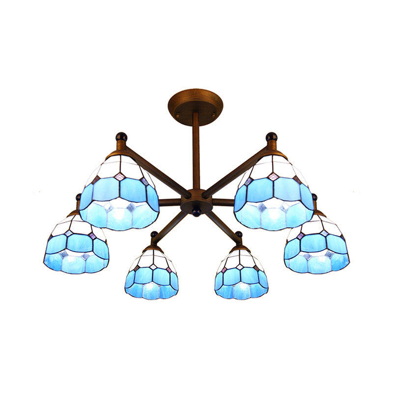 Rustic Style Stained Glass Domed Hanging Chandelier - 6-Light Yellow/Red/Blue Pendant Light for Dining Room