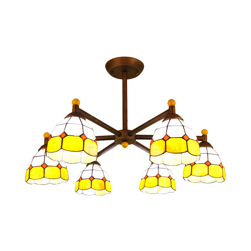 Rustic Style Stained Glass Chandelier With 6 Domed Hanging Lights - Yellow/Red/Blue Ideal For Dining