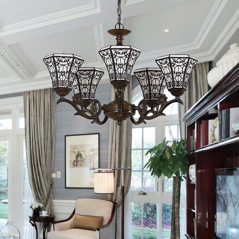 Lodge Style Bell Pendant Lighting: White and Black Glass Chandelier with Chain – 5 Light Lamp
