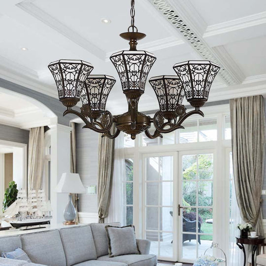 Lodge Style Bell Pendant Lighting: White and Black Glass Chandelier with Chain – 5 Light Lamp