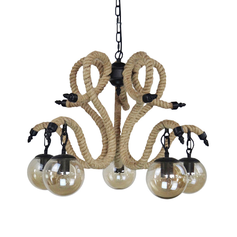 Vintage Amber Glass Ball Chandelier - 5-Light Pendant Lighting for Living Room with Rope Detail