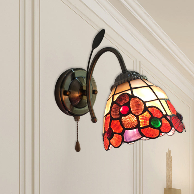 Stained Glass Orange Flower Wall Light With Pull Chain For Hallway - Country Style Lighting Fixture