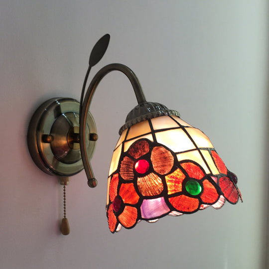 Stained Glass Orange Flower Wall Light With Pull Chain For Hallway - Country Style Lighting Fixture