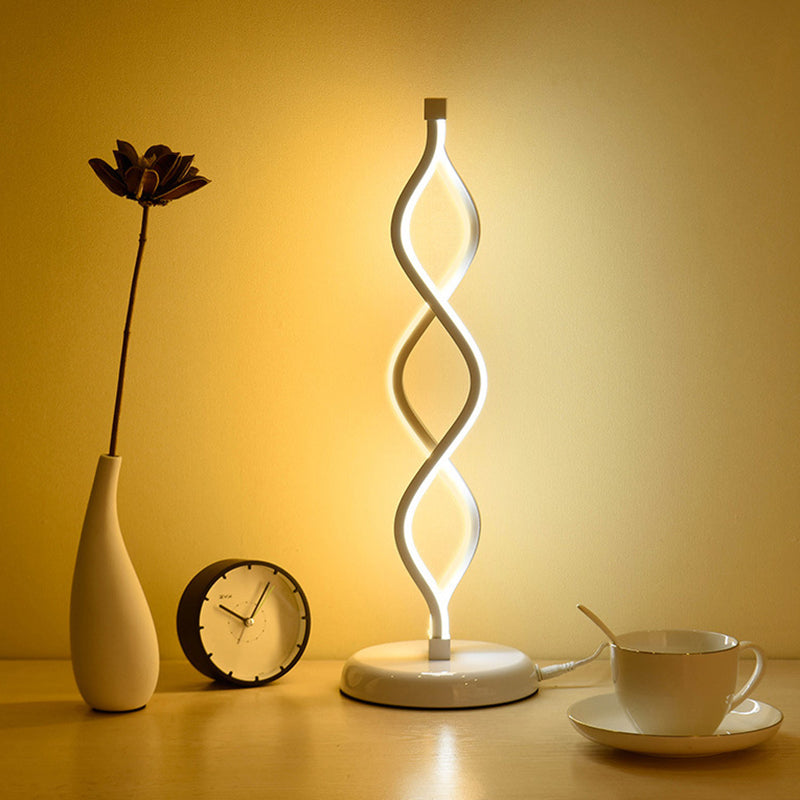 Led Spiral Table Lamp - Minimalist Nightstand Light With Metallic Shade White Bedside Lighting