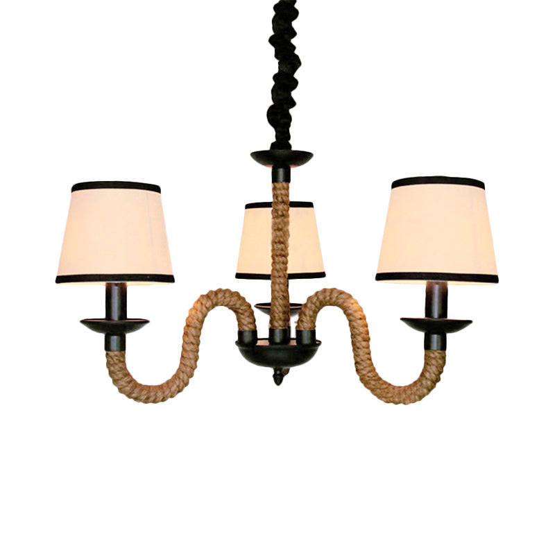 Vintage Style Beige Fabric Shade Chandelier Light Fixture with Rope Detail - Bell/Cone Hanging Lamp (3 Lights)
