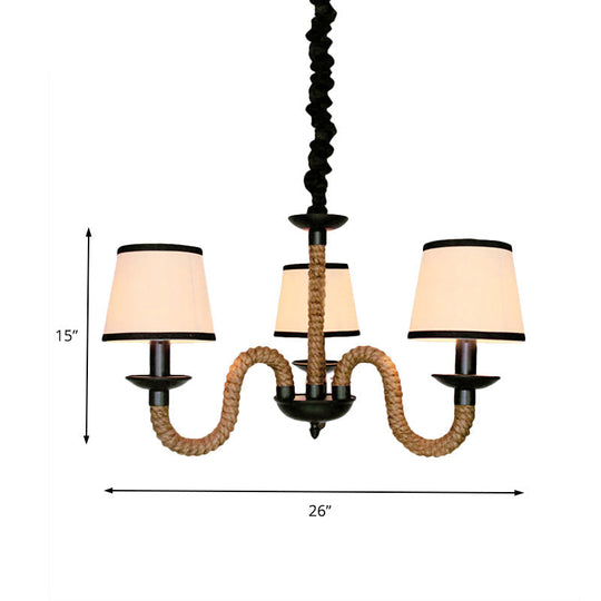 Vintage Style Hanging Chandelier With 3 Bell/Cone Lights Beige Fabric Shade & Rope Detail