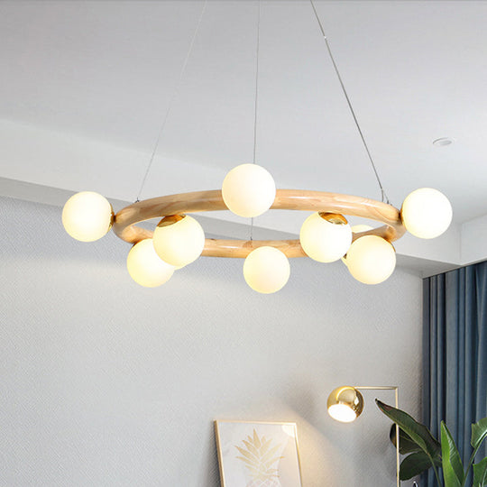 Modern Beige Ceiling Lamp with Frosted Glass Chandelier and Wood Circular Design – 8/10 Bulbs