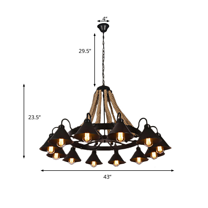 Black Rope Detail Metallic Cone Chandelier: 6/8-Light Farmhouse Restaurant Pendant Lighting
