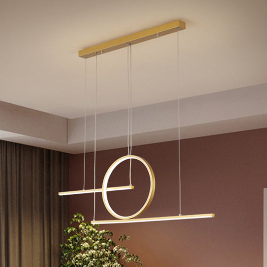 Modern Led Restaurant Island Lamp In Black/Gold With Circle & Linear Metal Shade - Warm/White Light