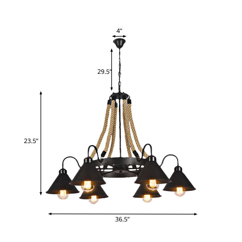 Black Rope Detail Metallic Cone Chandelier: 6/8-Light Farmhouse Restaurant Pendant Lighting