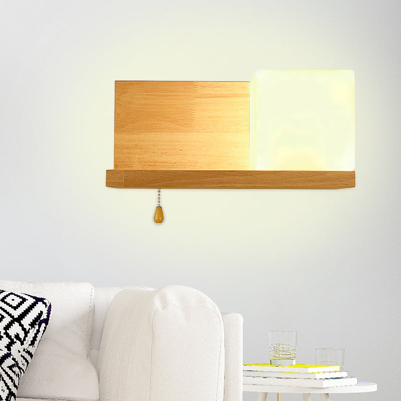 Cubic Wall Sconce Light With Opaque Glass And Wood Backplate In Beige