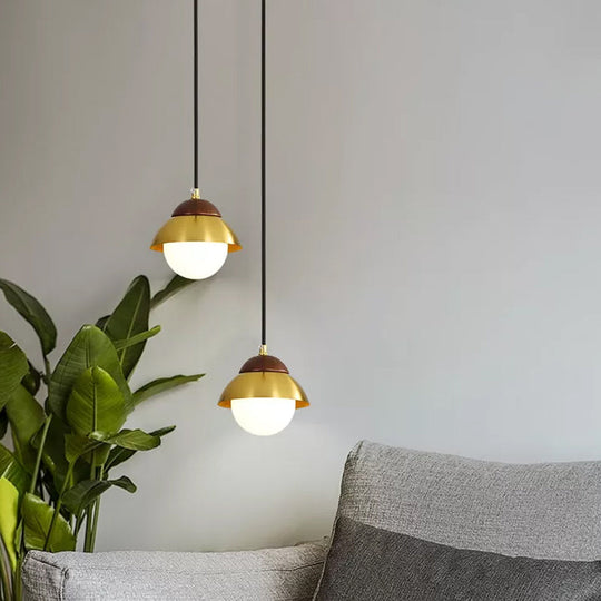 Minimalist Dome Pendant Ceiling Light with 1 Bulb and Global White Glass Shade in Brass