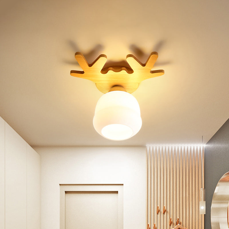 Opal Glass Led Ceiling Fixture With Wood Antler/Square/Round Design - Beige Flushmount / Antler