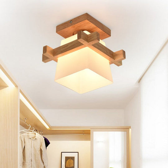 Opal Glass Led Ceiling Fixture With Wood Antler/Square/Round Design - Beige Flushmount / Square