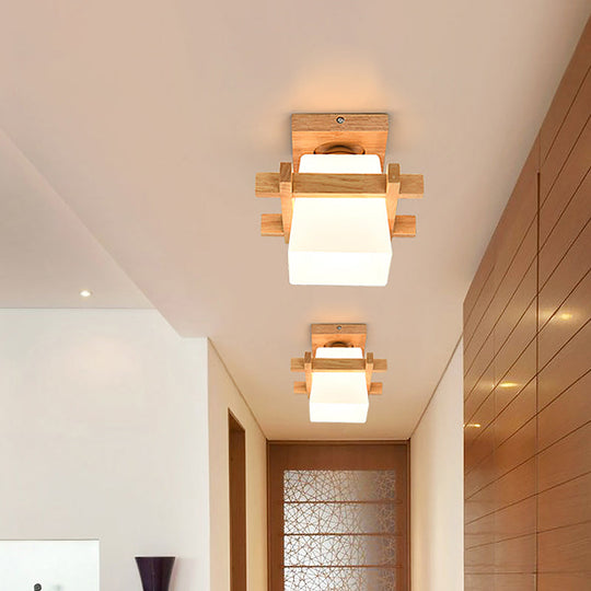 Opal Glass Led Ceiling Fixture With Wood Antler/Square/Round Design - Beige Flushmount
