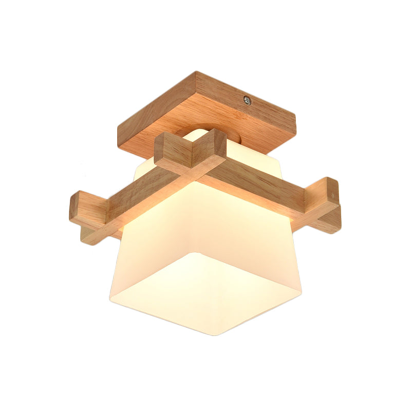 Opal Glass Led Ceiling Fixture With Wood Antler/Square/Round Design - Beige Flushmount