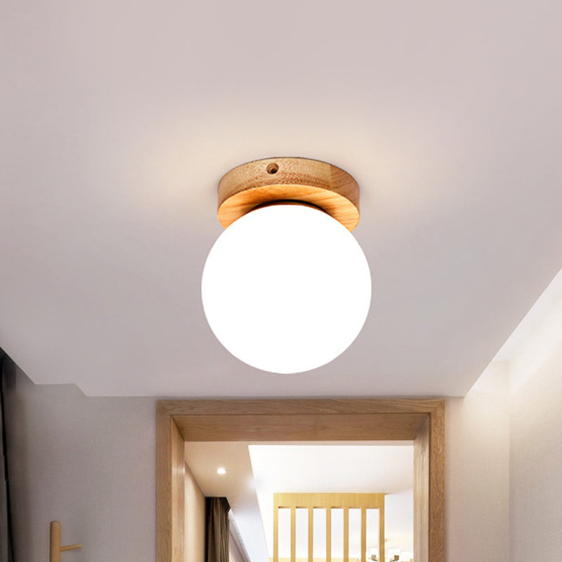 Opal Glass Led Ceiling Fixture With Wood Antler/Square/Round Design - Beige Flushmount / Round