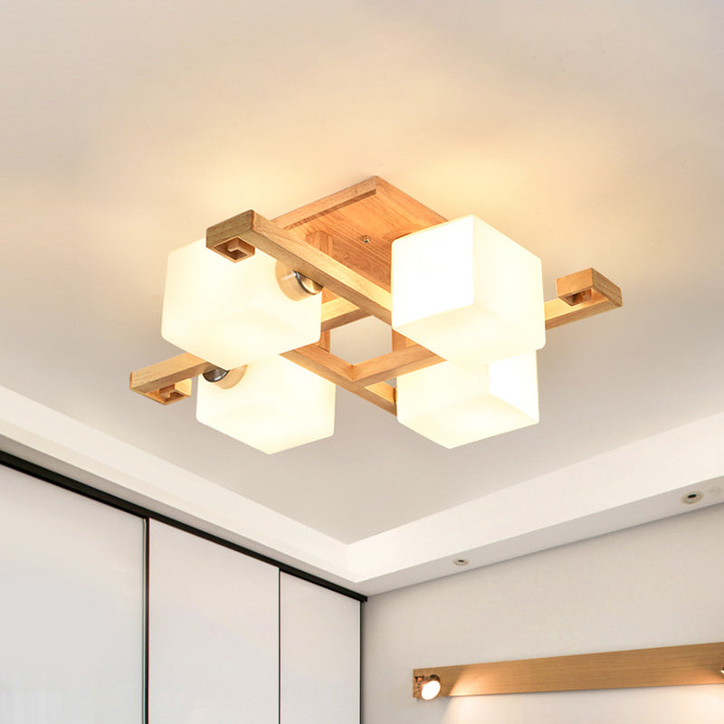 Modernist Beige Cubic Ceiling Lamp With Opaline Glass Shade - Semi Flush Mount 4/5 Heads 4 / Wood
