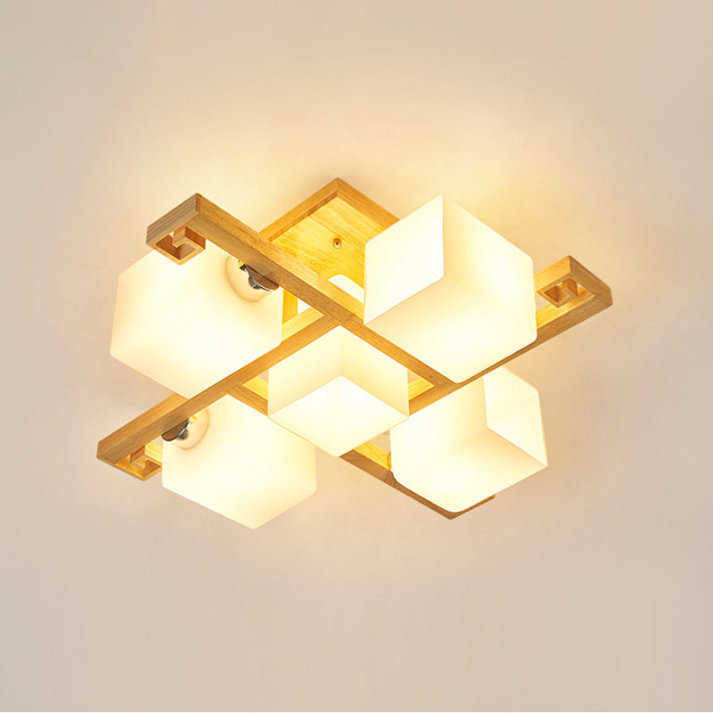 Modernist Beige Cubic Ceiling Lamp With Opaline Glass Shade - Semi Flush Mount 4/5 Heads