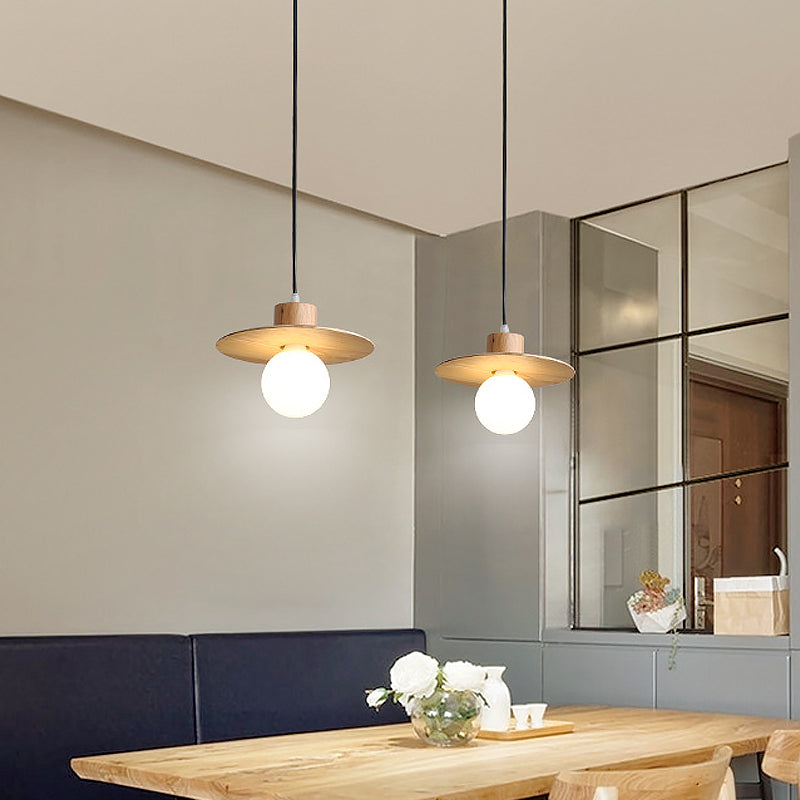 Circular Wood LED Mini Pendant Lamp in Beige - Minimalistic Bedroom Ceiling Suspension