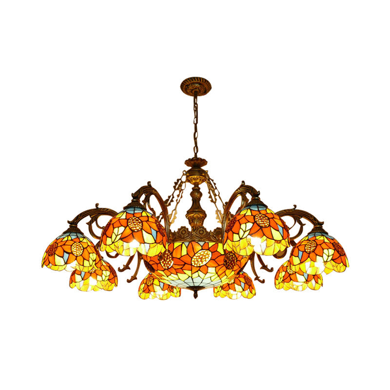 Lodge Sunflower Chandelier - Stained Glass Pendant Light (9/11/15 Lights) in Orange for Living Room