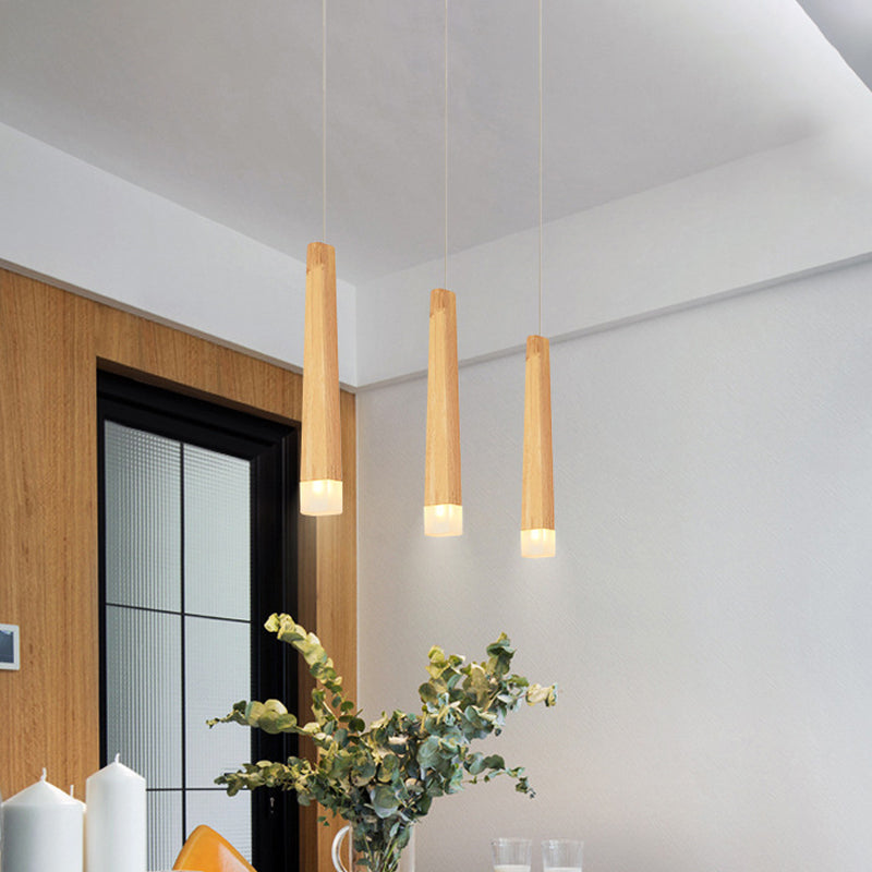 Minimalist Beige Suspension Light With Wood Shade - 3/5 Heads Dining Room Multi Pendant 3 /