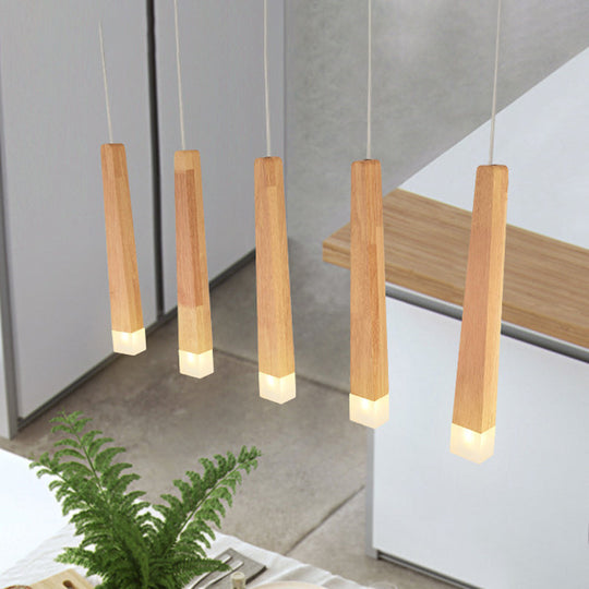 Minimalist Beige Suspension Light With Wood Shade - 3/5 Heads Dining Room Multi Pendant 5 /