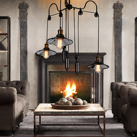 Industrial Flared Chandelier With Pulley And Cord - Black 3-Head Pendant Lamp For Living Room
