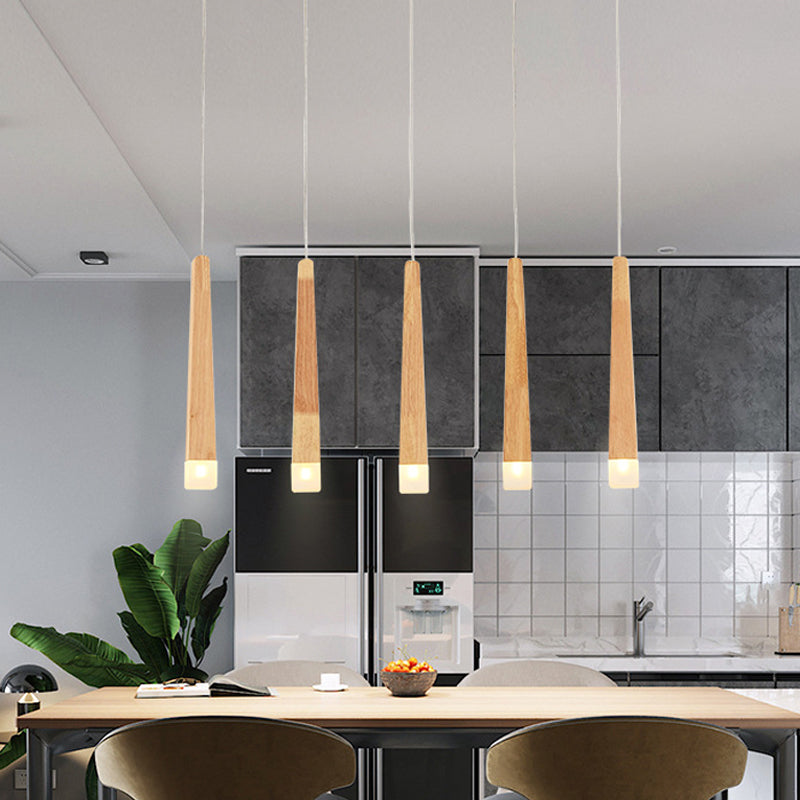 Minimalist Beige Multi-Pendant Dining Room Light with Square Wood Shades - 3/5 Heads