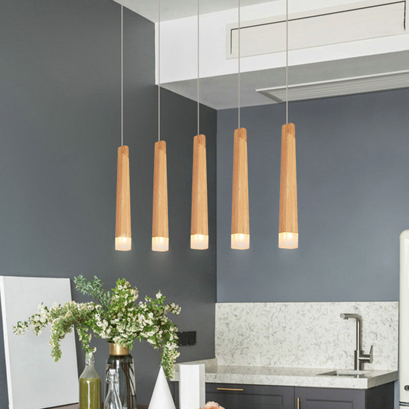 Minimalist Beige Suspension Light With Wood Shade - 3/5 Heads Dining Room Multi Pendant