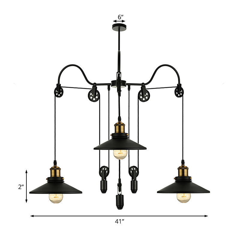 Industrial Black Pendant Light with 3 Metal Heads, Pulley and Cord - Perfect for Living Room