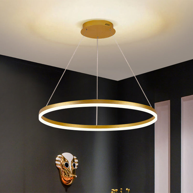 Minimalist Metal Ring Chandelier Lamp - LED Bedroom Ceiling Pendant in Gold (16"/19.5"/23.5") with Warm/White Light
