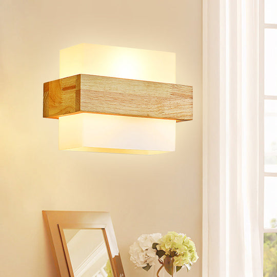 Minimalist Cube Wall Sconce With Opal Glass And Wood Detail Beige / A