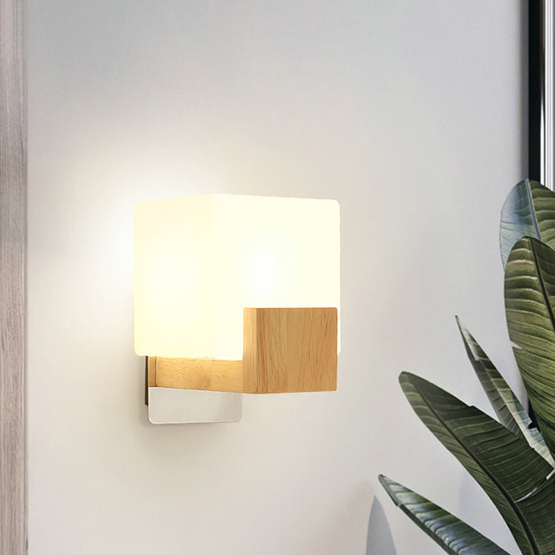 Minimalist Cube Wall Sconce With Opal Glass And Wood Detail Beige / B
