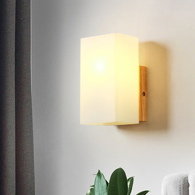 Minimalist Cube Wall Sconce With Opal Glass And Wood Detail Beige / C