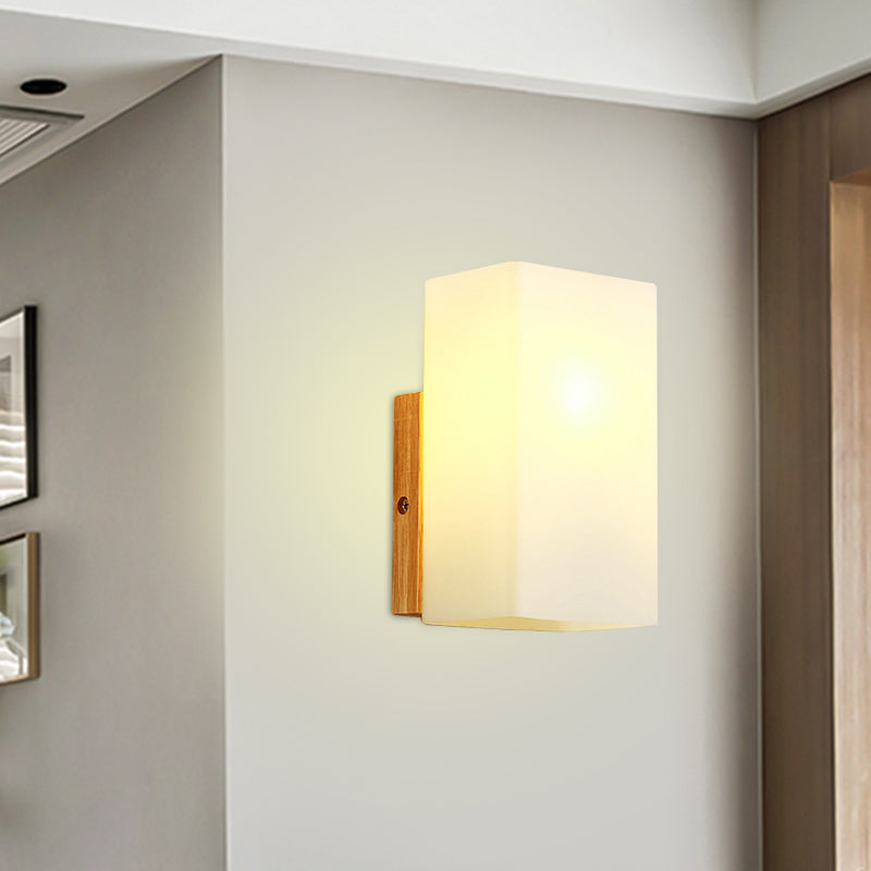 Minimalist Cube Wall Sconce With Opal Glass And Wood Detail