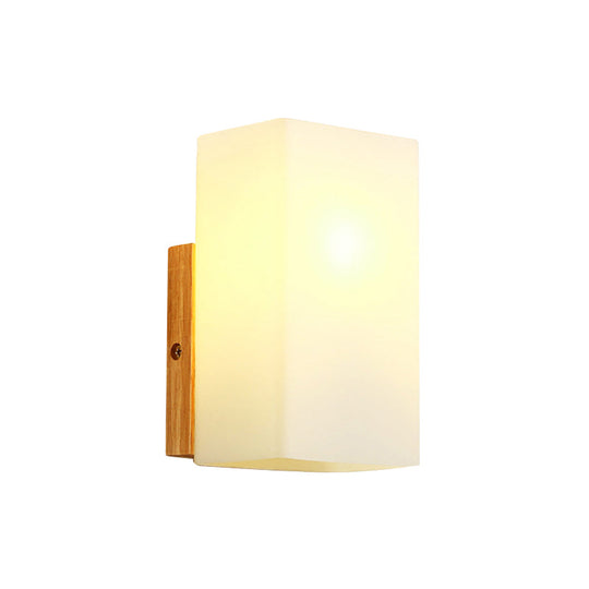 Minimalist Cube Wall Sconce With Opal Glass And Wood Detail