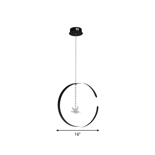 Sleek C-Shape Metal Suspension Lighting with Crystal Bird - LED Hanging Lamp Kit in Warm/White Light